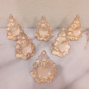 Vtg Christmas Tree Napkin Ring Holders Ceramic White w/ Gold Shimmer Lot of 6